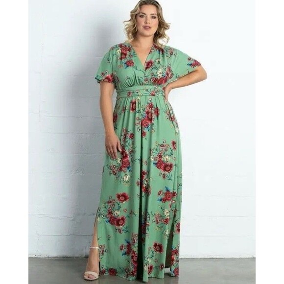 NWT Kiyonna Dress 4X Vienna Maxi Green Floral Slits Stretch Soft Boho Flowy - Picture 1 of 11